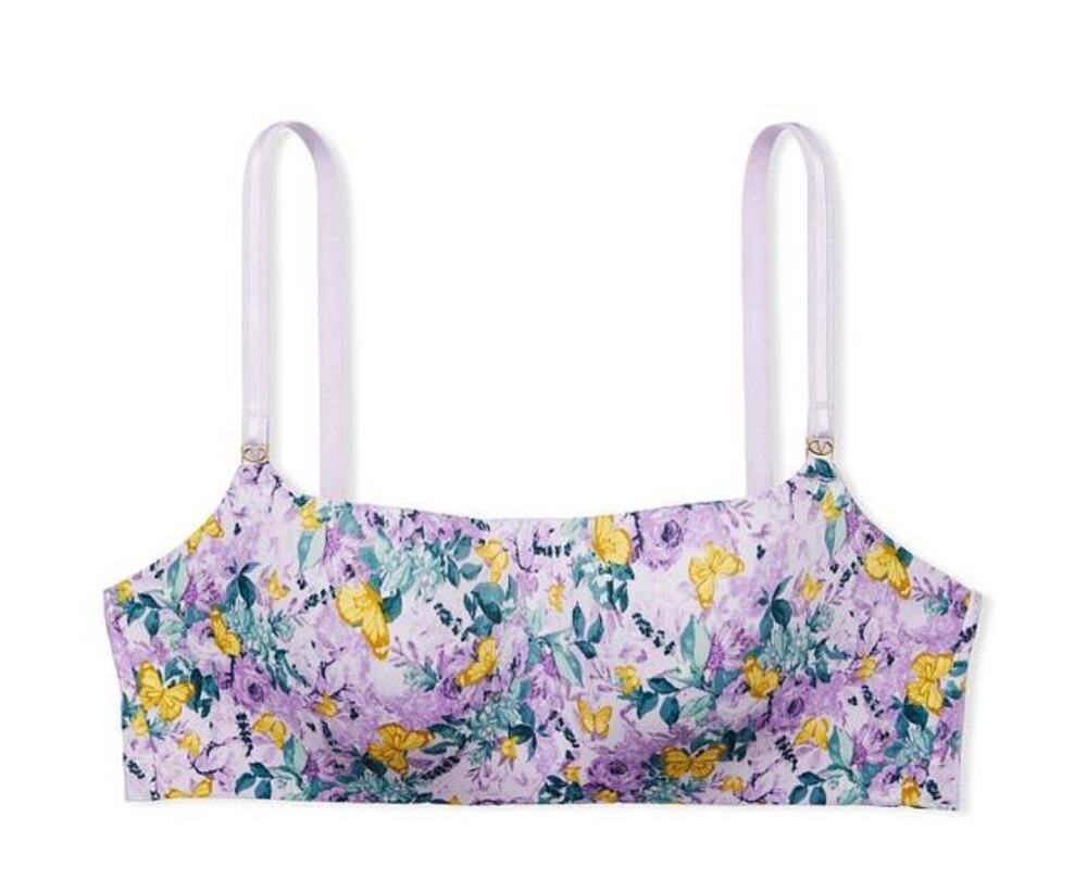 Victoria's Secret Lined No Wire Bra Lounge Purple Floral Garden Butterflies S DD